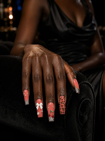 Cherry Bow Bling Leopard Print Press-On Nails - life2