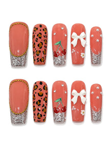 Cherry Bow Bling Leopard Print Press-On Nails