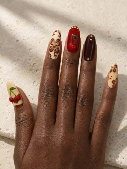 Cherry Cola Bloom Gold Stud Press-On Nails - hand1