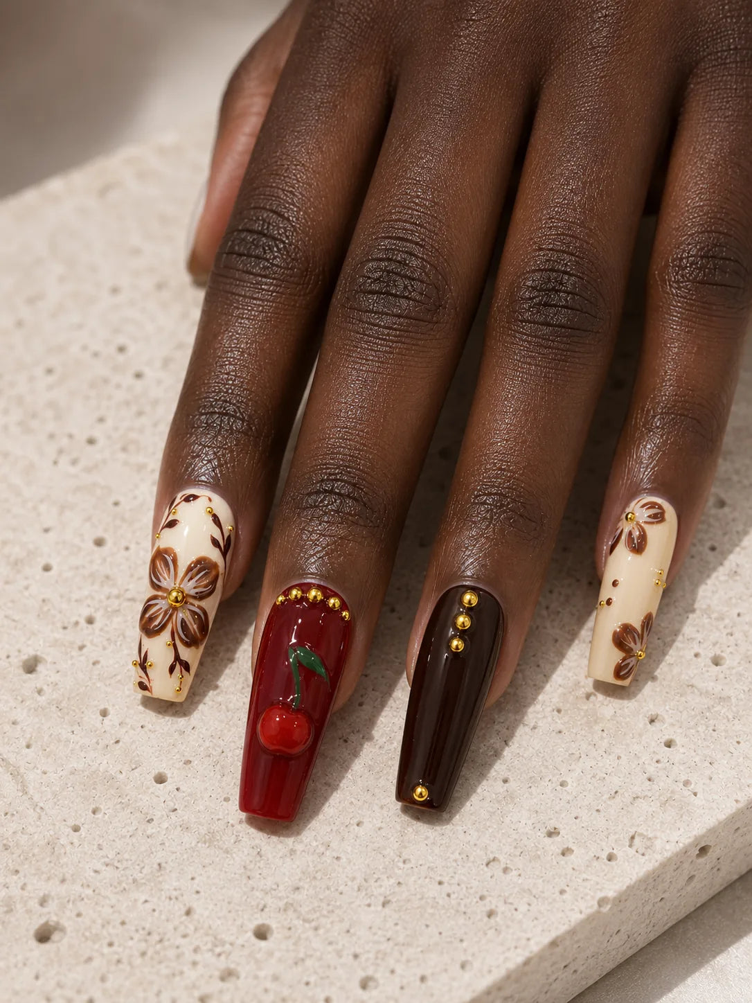 Cherry Cola Bloom Gold Stud Press-On Nails - hand2