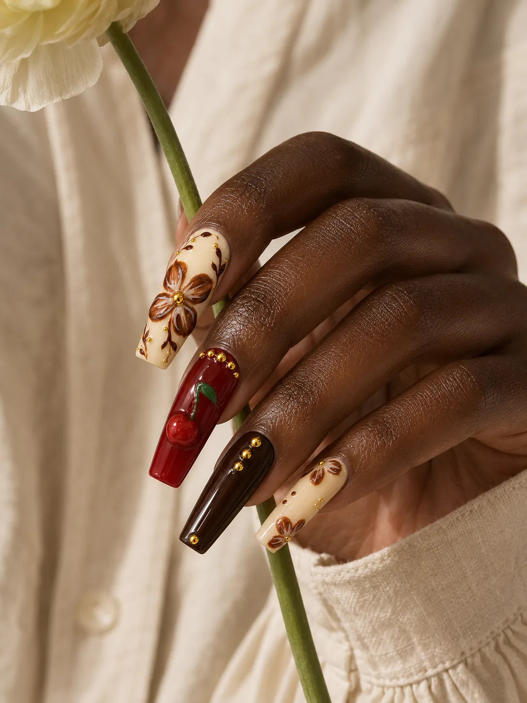 Cherry Cola Bloom Gold Stud Press-On Nails - life1