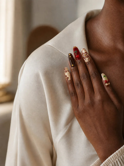 Cherry Cola Bloom Gold Stud Press-On Nails - life2