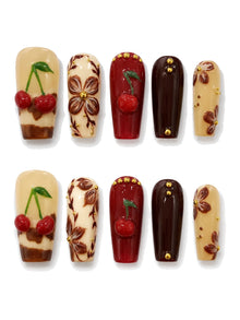 Cherry Cola Bloom Gold Stud Press-On Nails