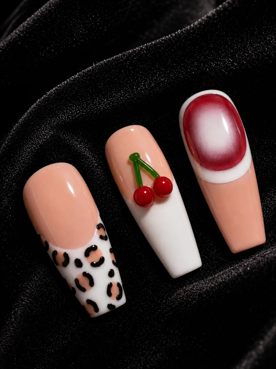 Cherry Dip Leopard French Press-On Nails - closeup