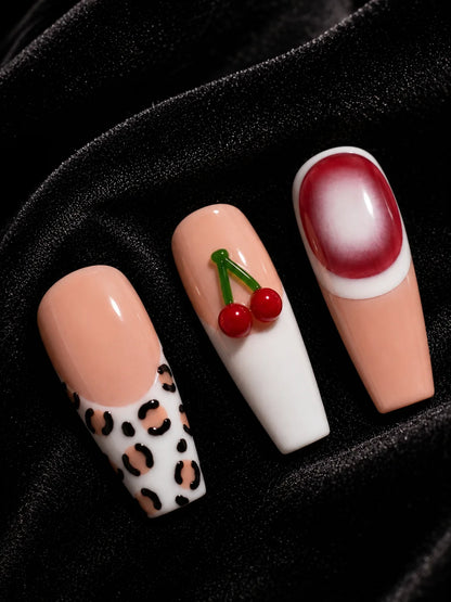 Cherry Dip Leopard French Press-On Nails - closeup