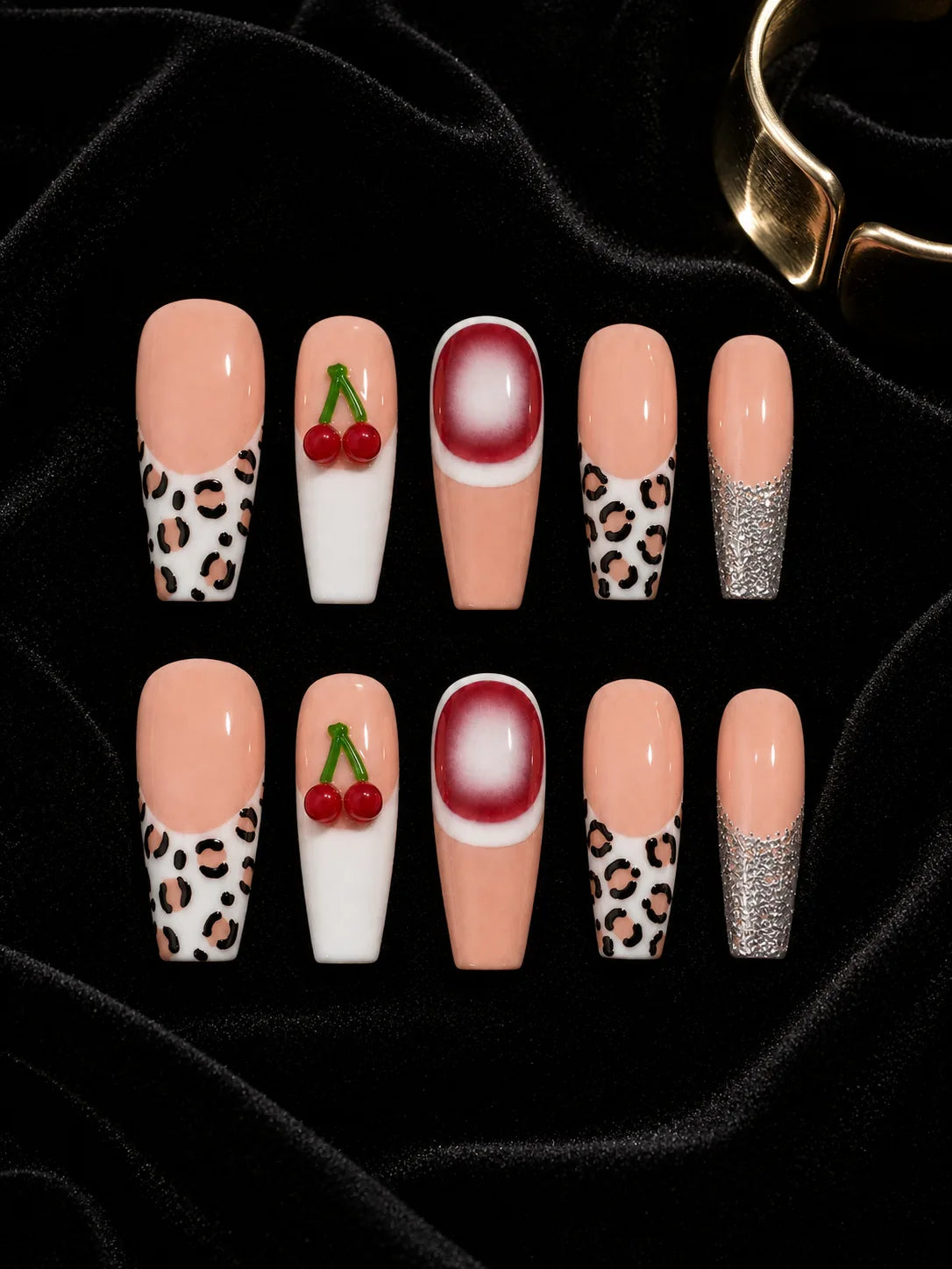 Cherry Dip Leopard French Press-On Nails - flatlay