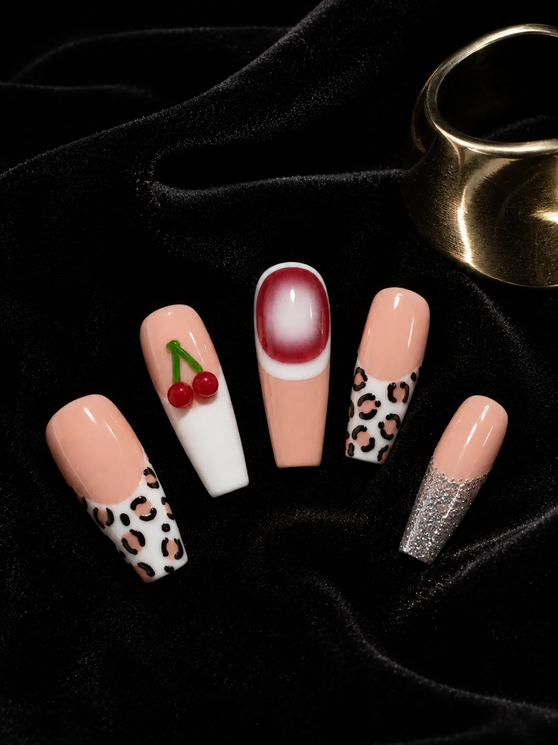 Cherry Dip Leopard French Press-On Nails - closeup2