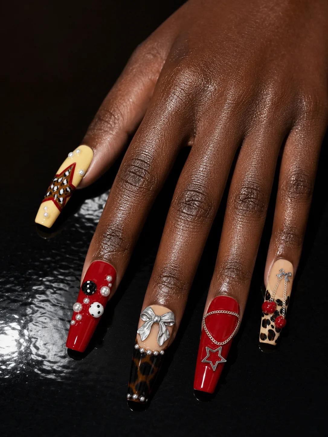 Cherry Pop Glam - Leopard Pearl Charm Press-On Nails - hand1