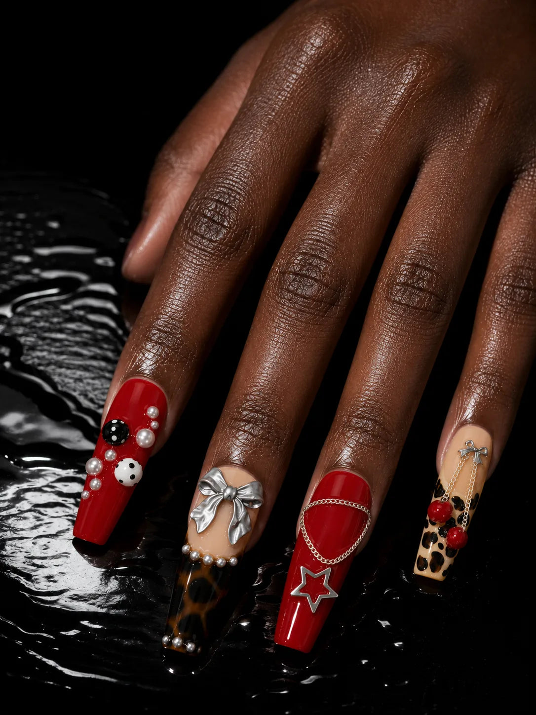 Cherry Pop Glam - Leopard Pearl Charm Press-On Nails - hand2