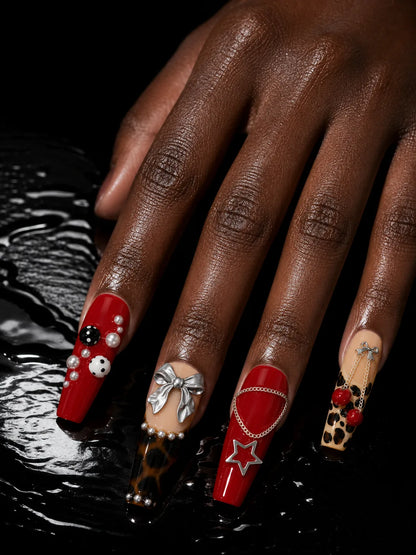 Cherry Pop Glam - Leopard Pearl Charm Press-On Nails - hand2
