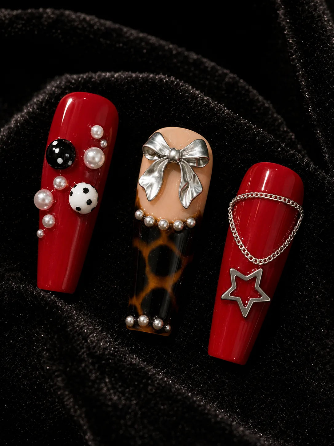 Cherry Pop Glam - Leopard Pearl Charm Press-On Nails - closeup