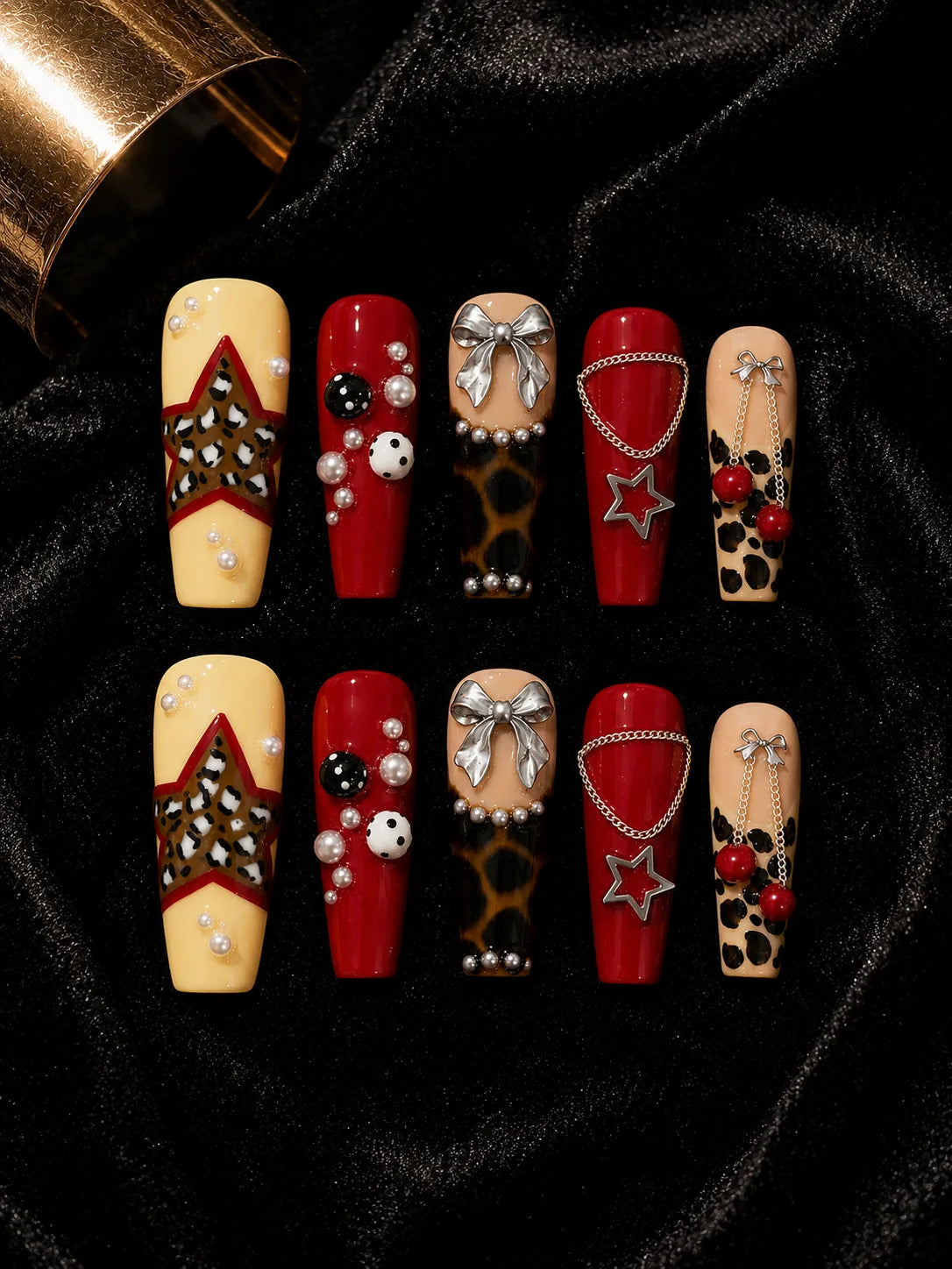 Cherry Pop Glam - Leopard Pearl Charm Press-On Nails - flatlay