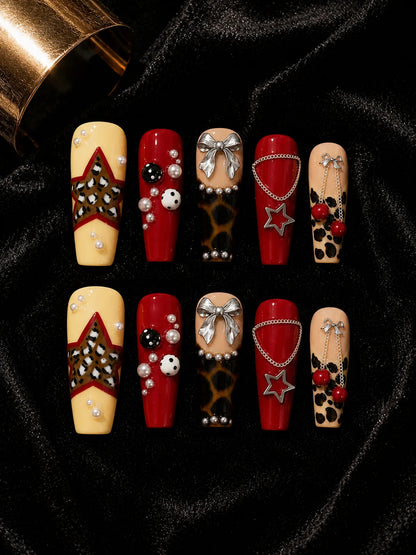 Cherry Pop Glam - Leopard Pearl Charm Press-On Nails - flatlay