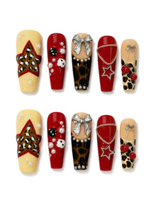 Cherry Pop Glam - Leopard Pearl Charm Press-On Nails