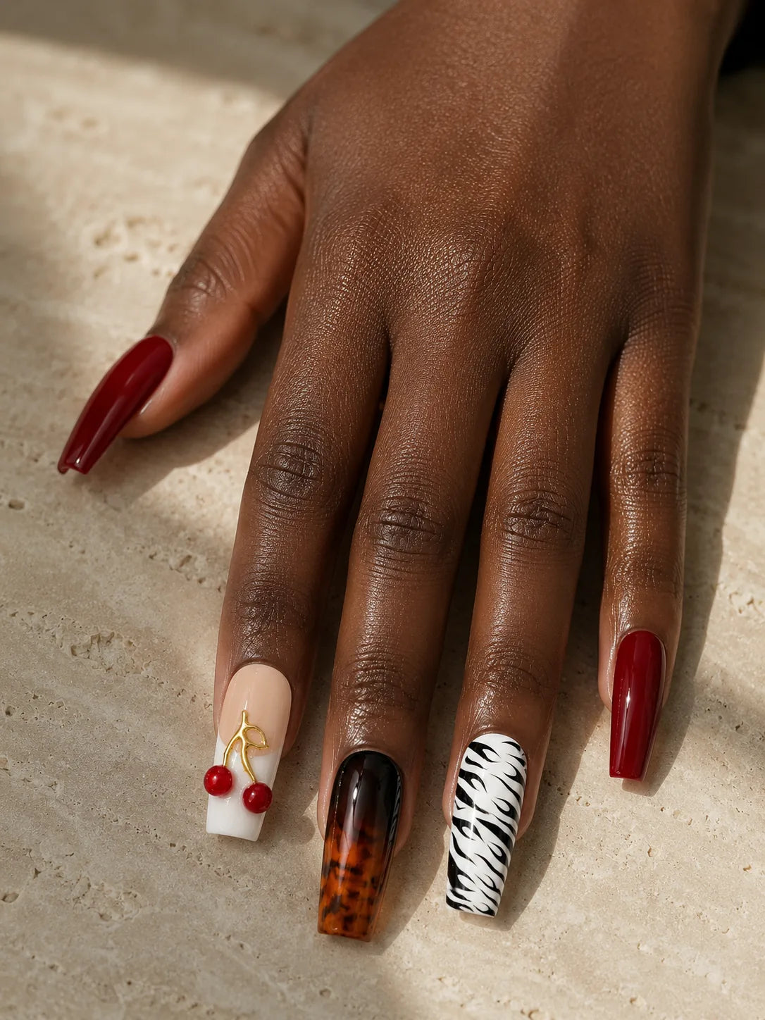 Cherry Tortoise - Zebra Print Press-On Nails - hand1