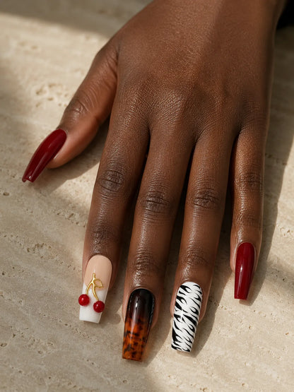 Cherry Tortoise - Zebra Print Press-On Nails - hand1