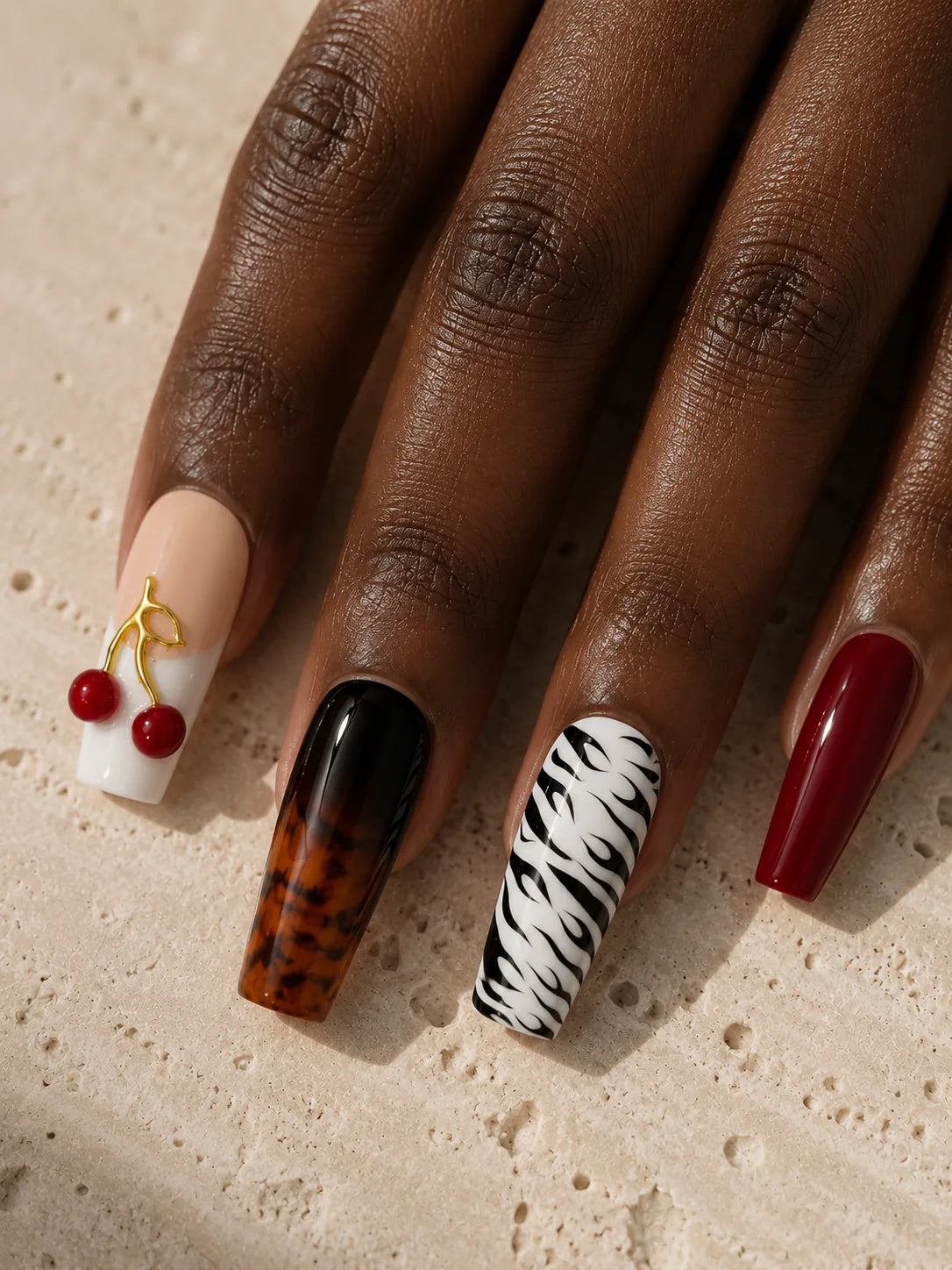 Cherry Tortoise - Zebra Print Press-On Nails - hand2