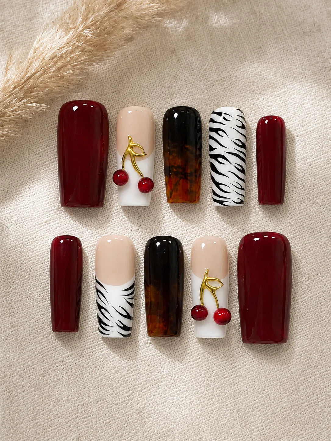 Cherry Tortoise - Zebra Print Press-On Nails - flatlay