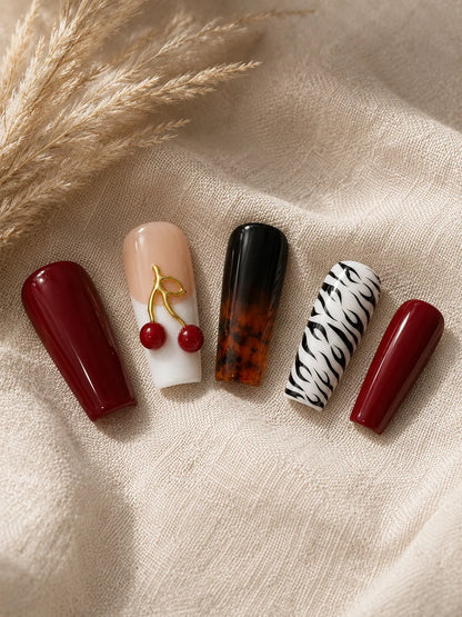 Cherry Tortoise - Zebra Print Press-On Nails - closeup2