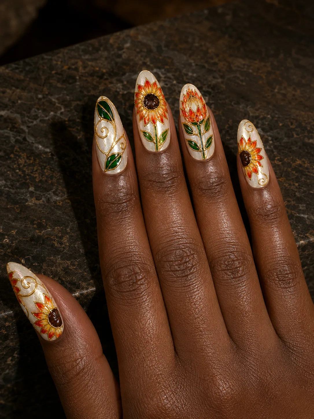 Cloisonne Sunflower Art Nouveau Press-On Nails - hand1