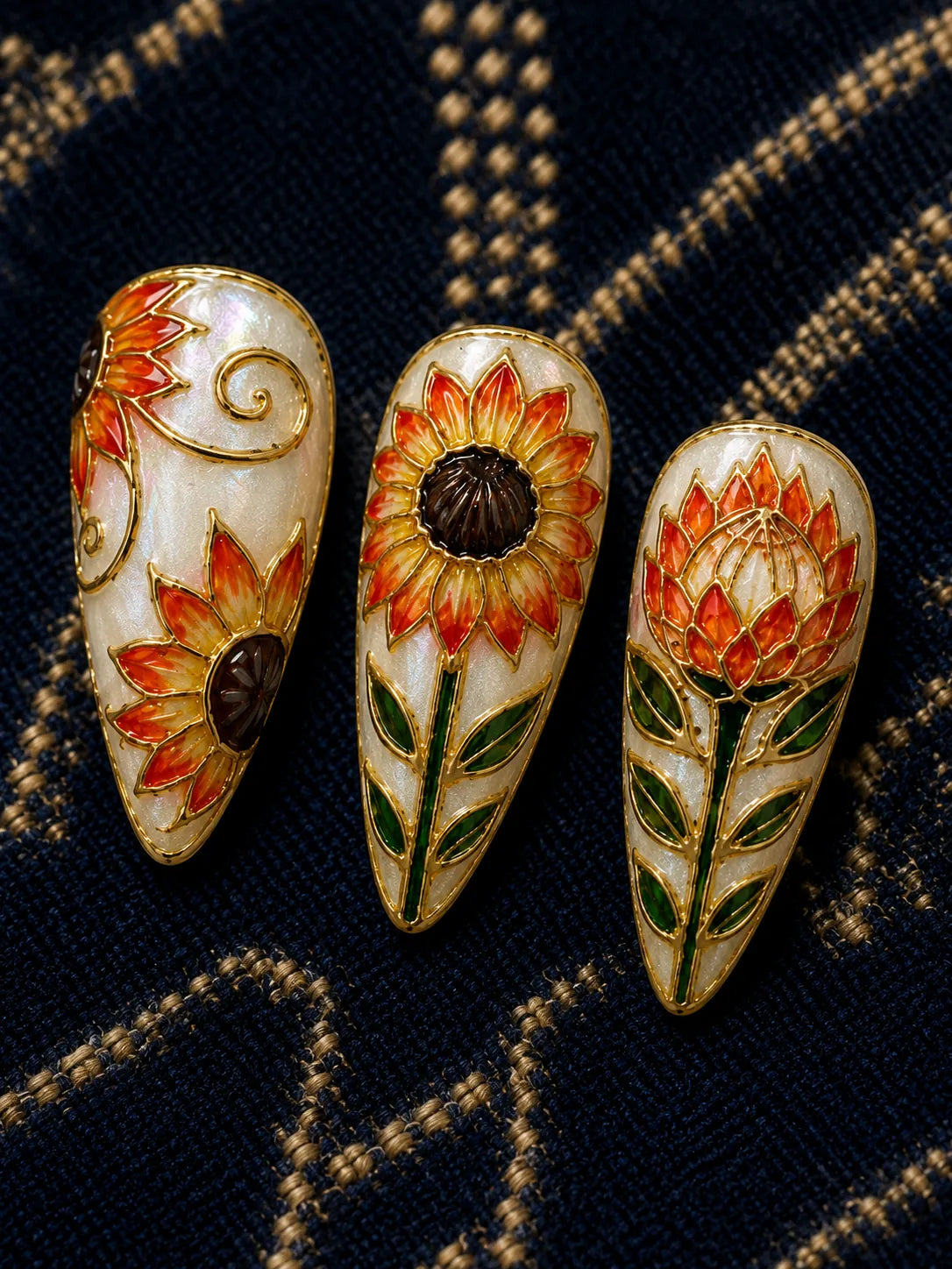 Cloisonne Sunflower Art Nouveau Press-On Nails - closeup