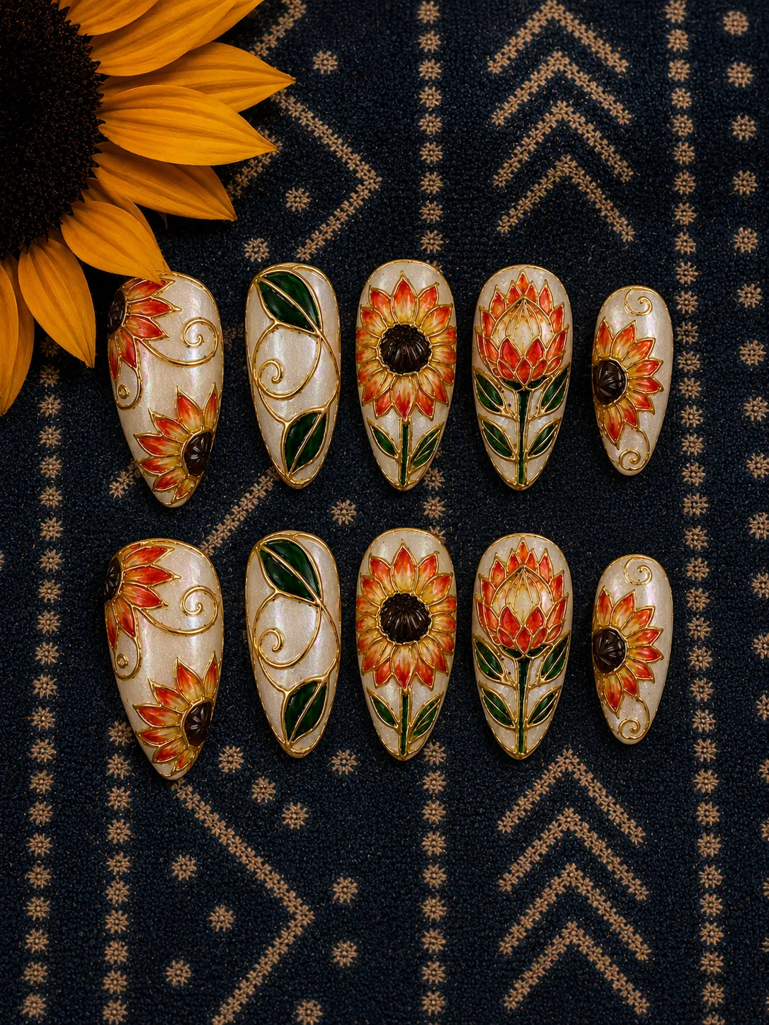 Cloisonne Sunflower Art Nouveau Press-On Nails - flatlay