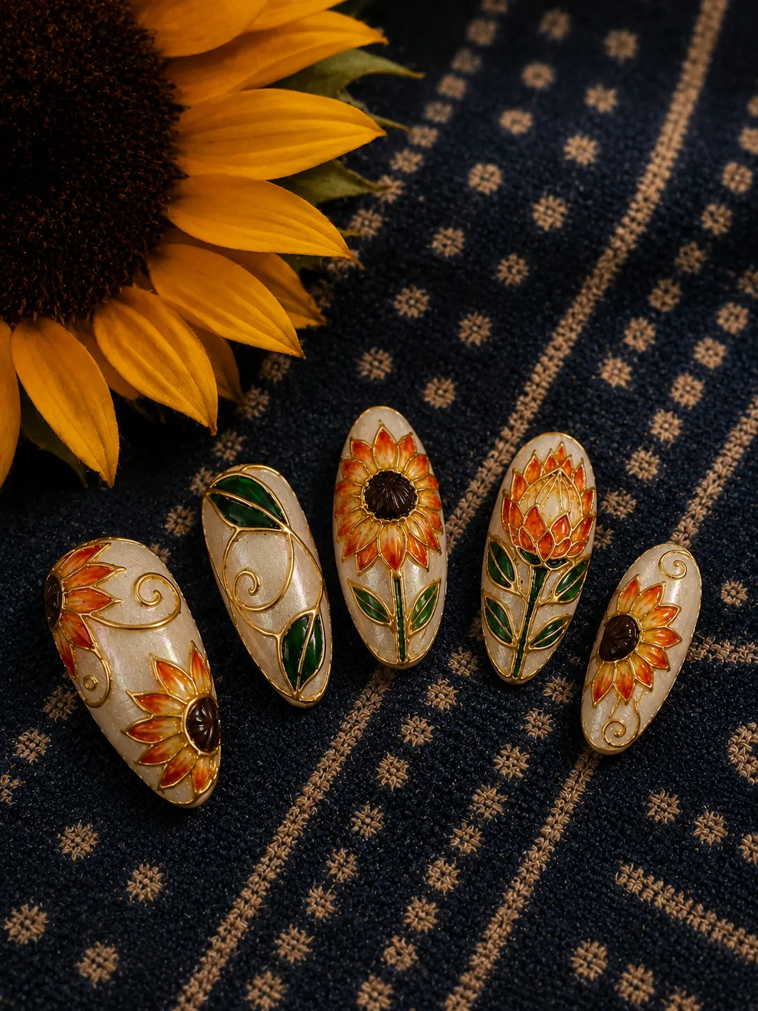 Cloisonne Sunflower Art Nouveau Press-On Nails - closeup2