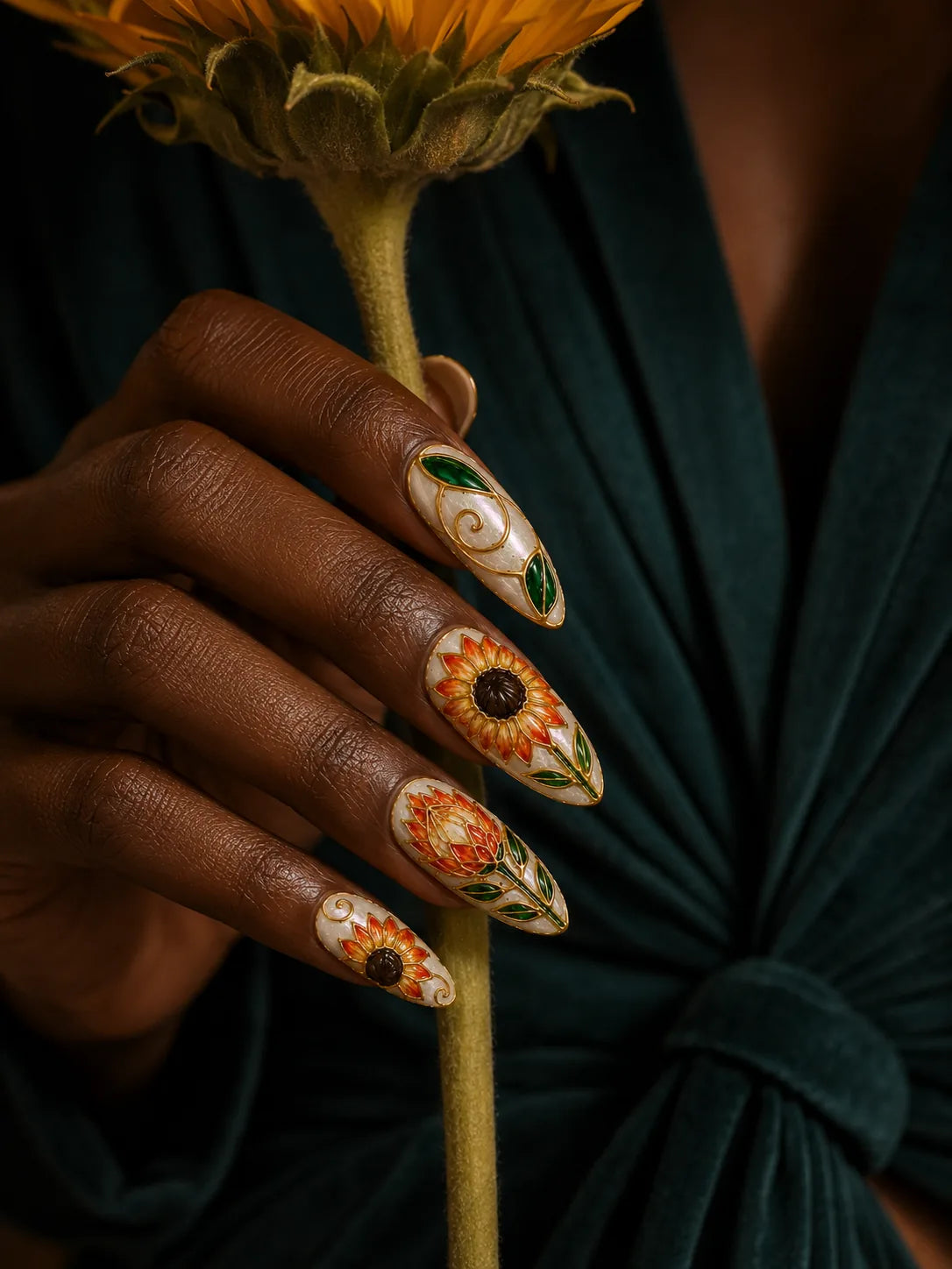Cloisonne Sunflower Art Nouveau Press-On Nails - life1