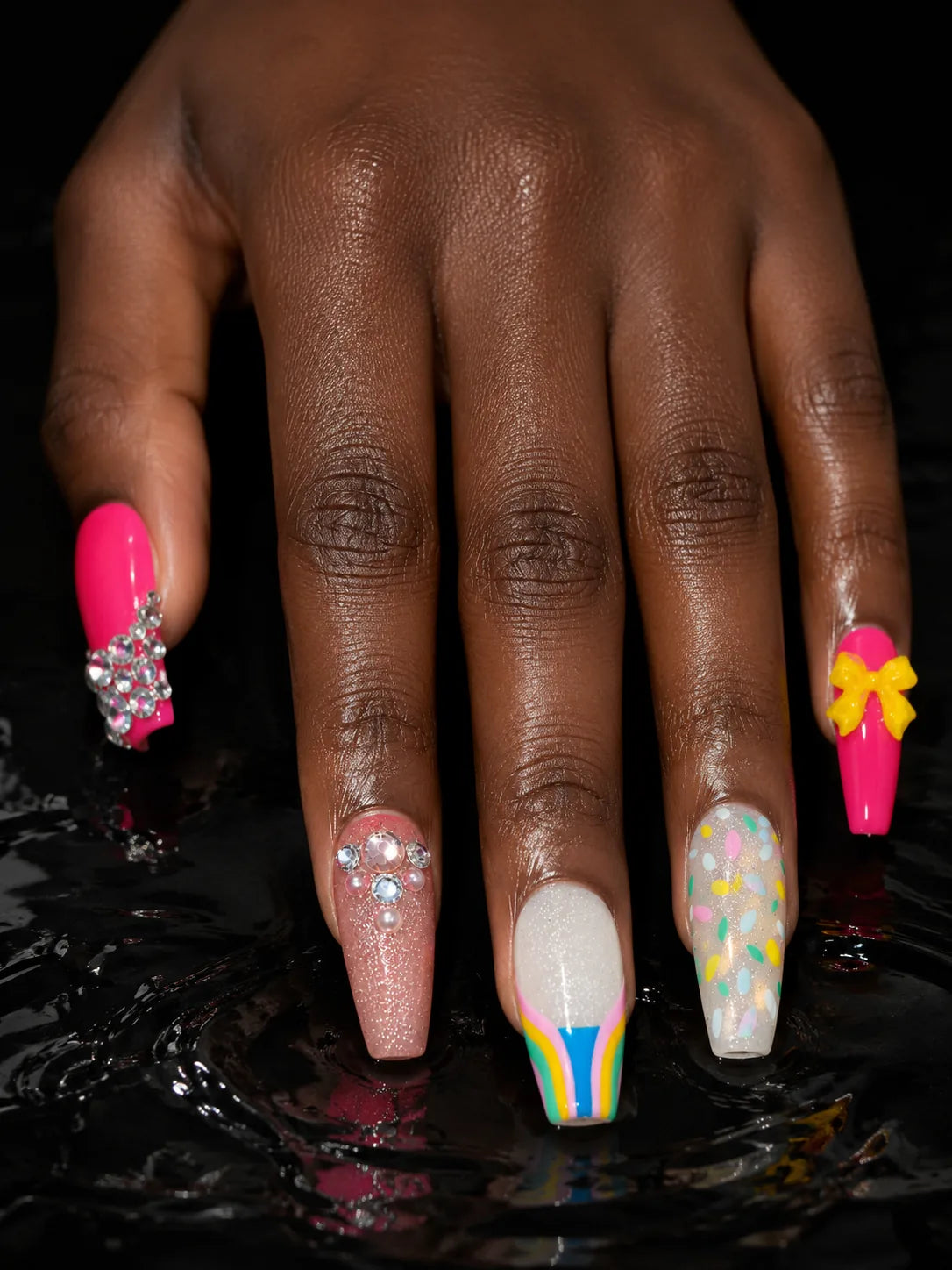 Confetti Pop Rainbow Bow Press-On Nails - hand1