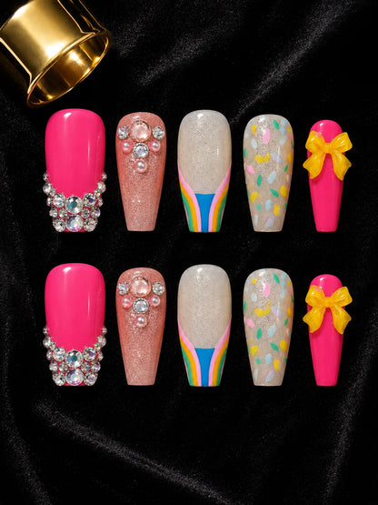 Confetti Pop Rainbow Bow Press-On Nails - flatlay