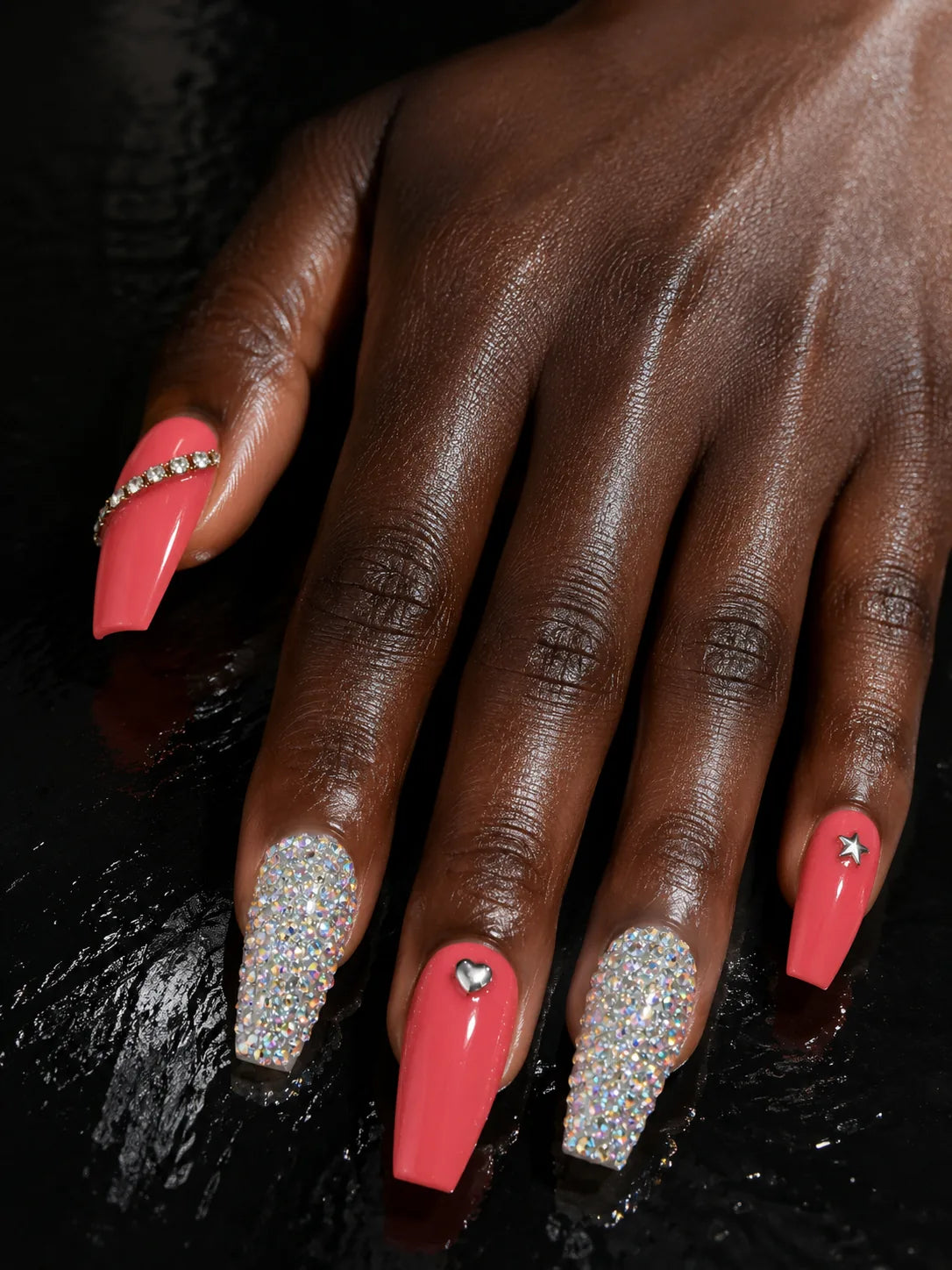 Coral Crystal Bling Press-On Nails - hand1