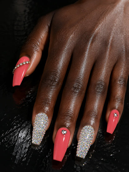 Coral Crystal Bling Press-On Nails - hand1