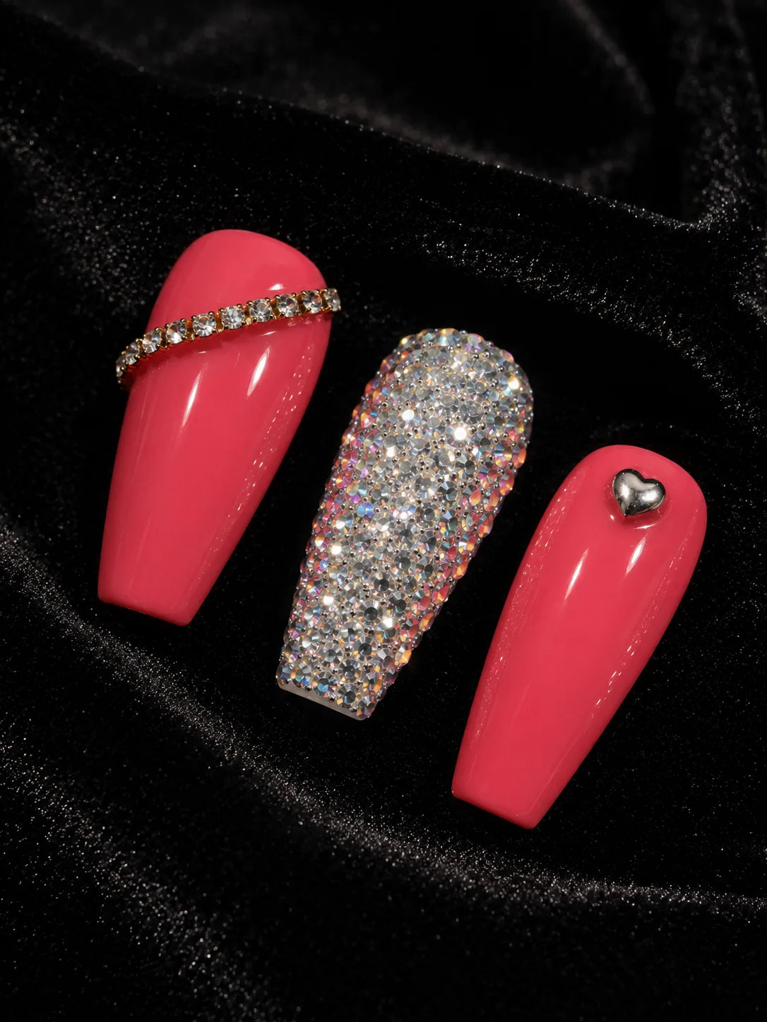 Coral Crystal Bling Press-On Nails - closeup