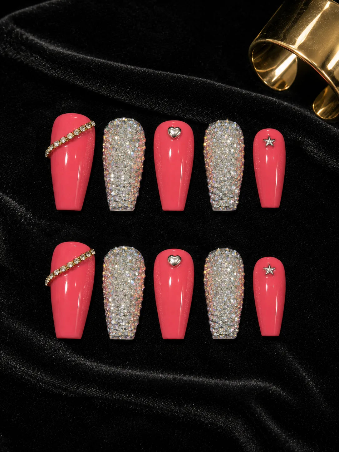 Coral Crystal Bling Press-On Nails - flatlay