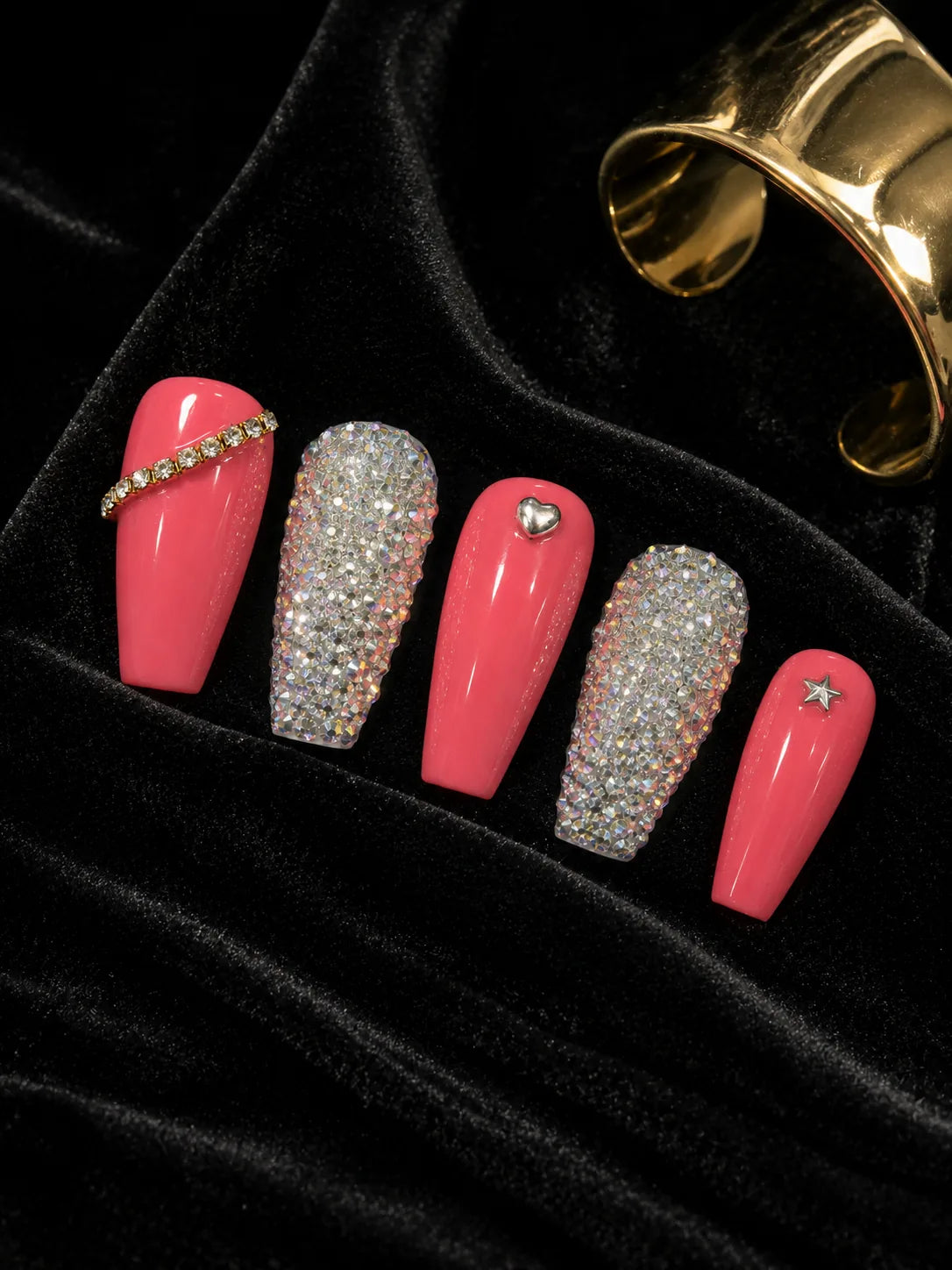 Coral Crystal Bling Press-On Nails - closeup2