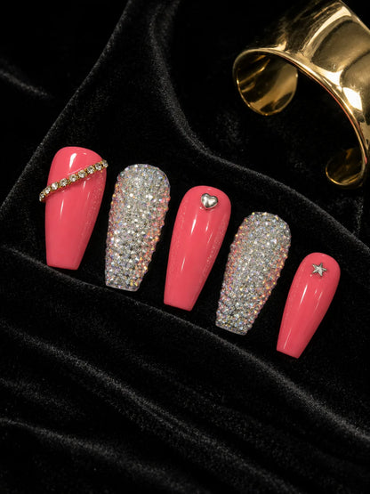 Coral Crystal Bling Press-On Nails - closeup2