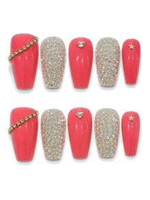 Coral Crystal Bling Press-On Nails