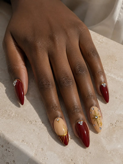 Crimson Starburst Bling Press-On Nails - hand1