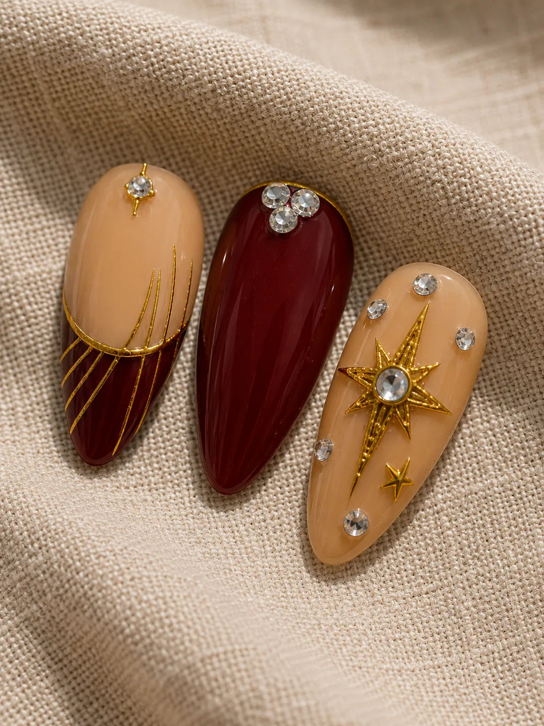Crimson Starburst Bling Press-On Nails - closeup