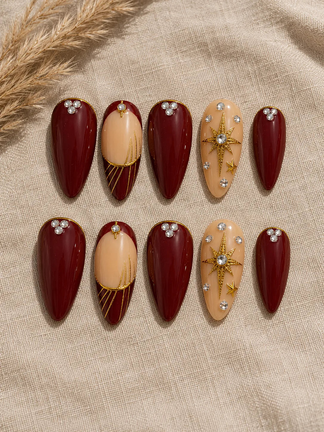 Crimson Starburst Bling Press-On Nails - flatlay