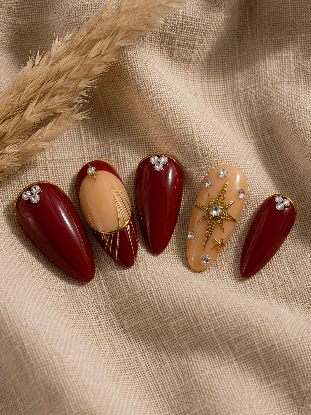 Crimson Starburst Bling Press-On Nails - closeup2