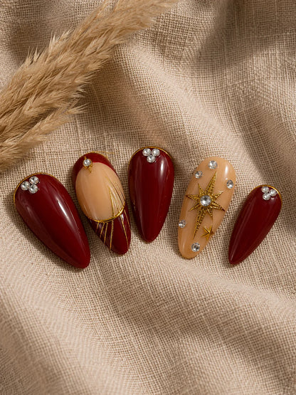 Crimson Starburst Bling Press-On Nails - closeup2