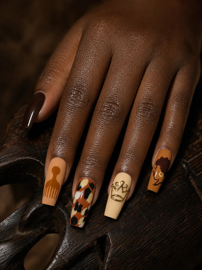 Crown Curls - Afro Silhouette Gold Crown Press-On Nails - hand1