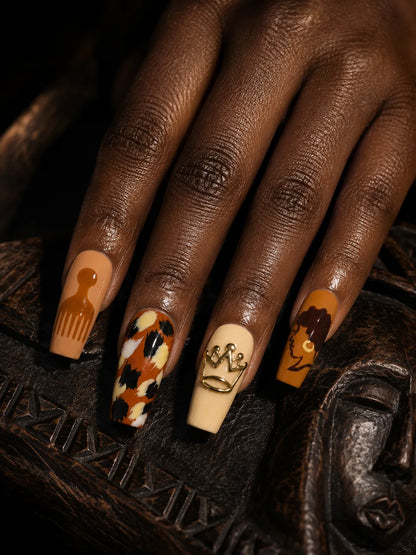 Crown Curls - Afro Silhouette Gold Crown Press-On Nails - hand2