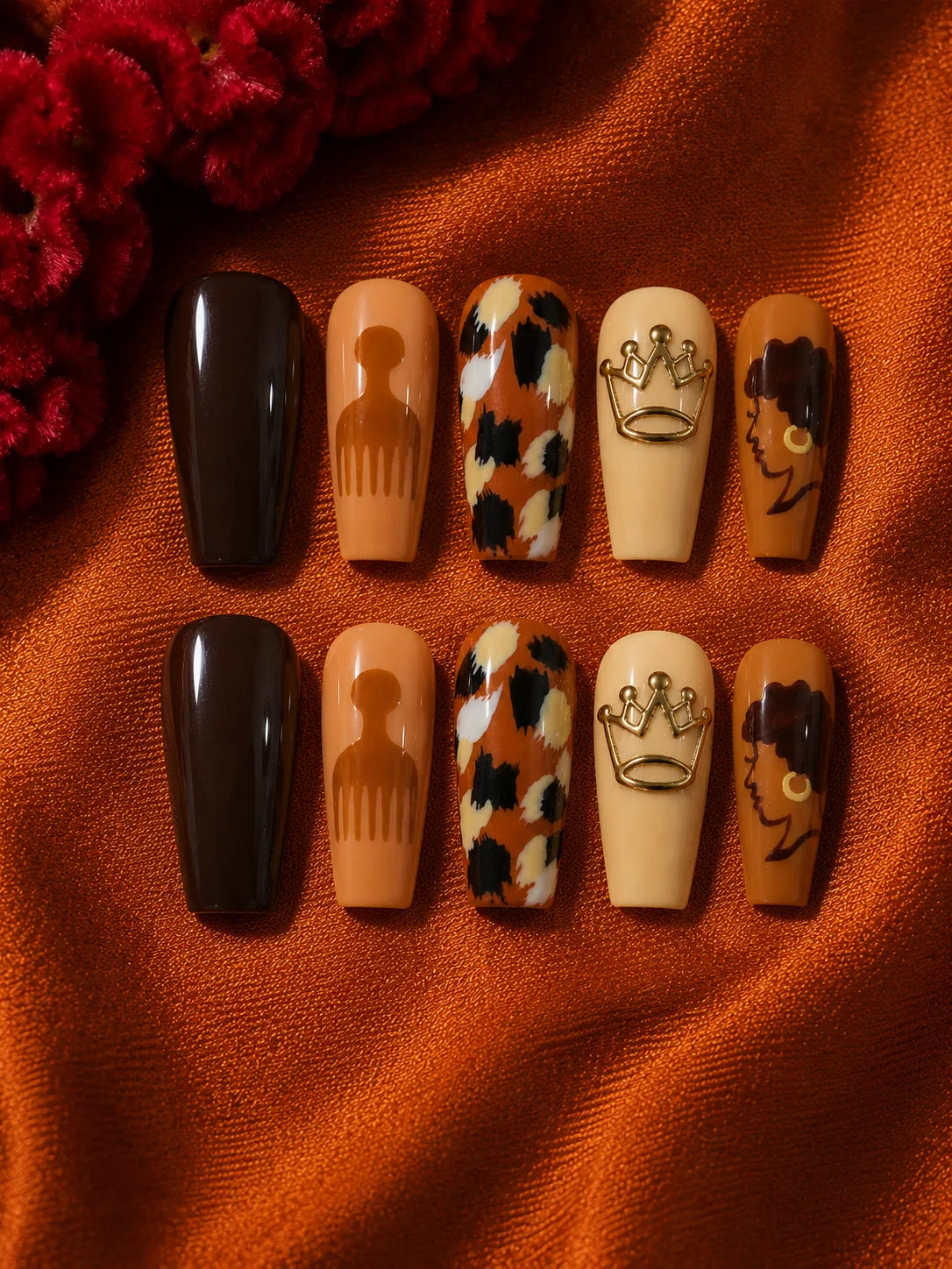 Crown Curls - Afro Silhouette Gold Crown Press-On Nails - flatlay