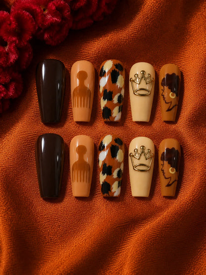 Crown Curls - Afro Silhouette Gold Crown Press-On Nails - flatlay