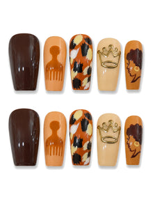 Crown Curls - Afro Silhouette Gold Crown Press-On Nails