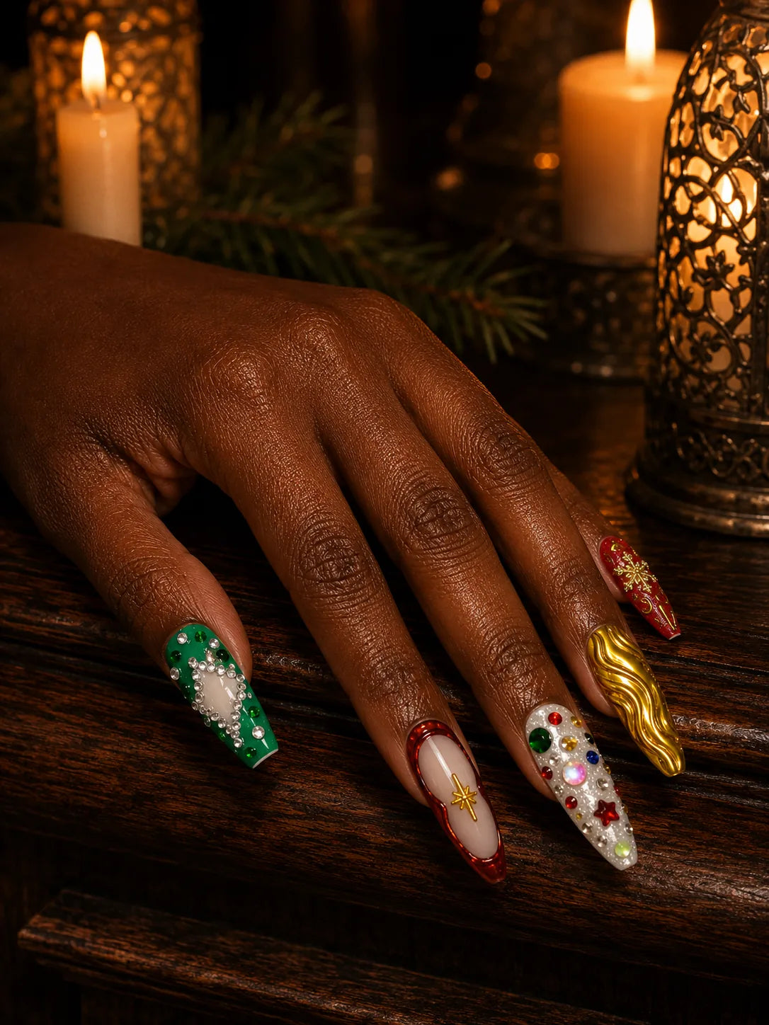 Emerald Bling Gold Rhinestone Press-On Nails - hand1