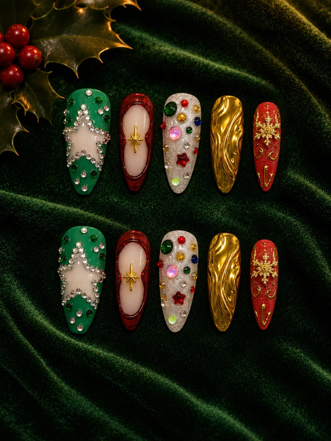 Emerald Bling Gold Rhinestone Press-On Nails - flatlay