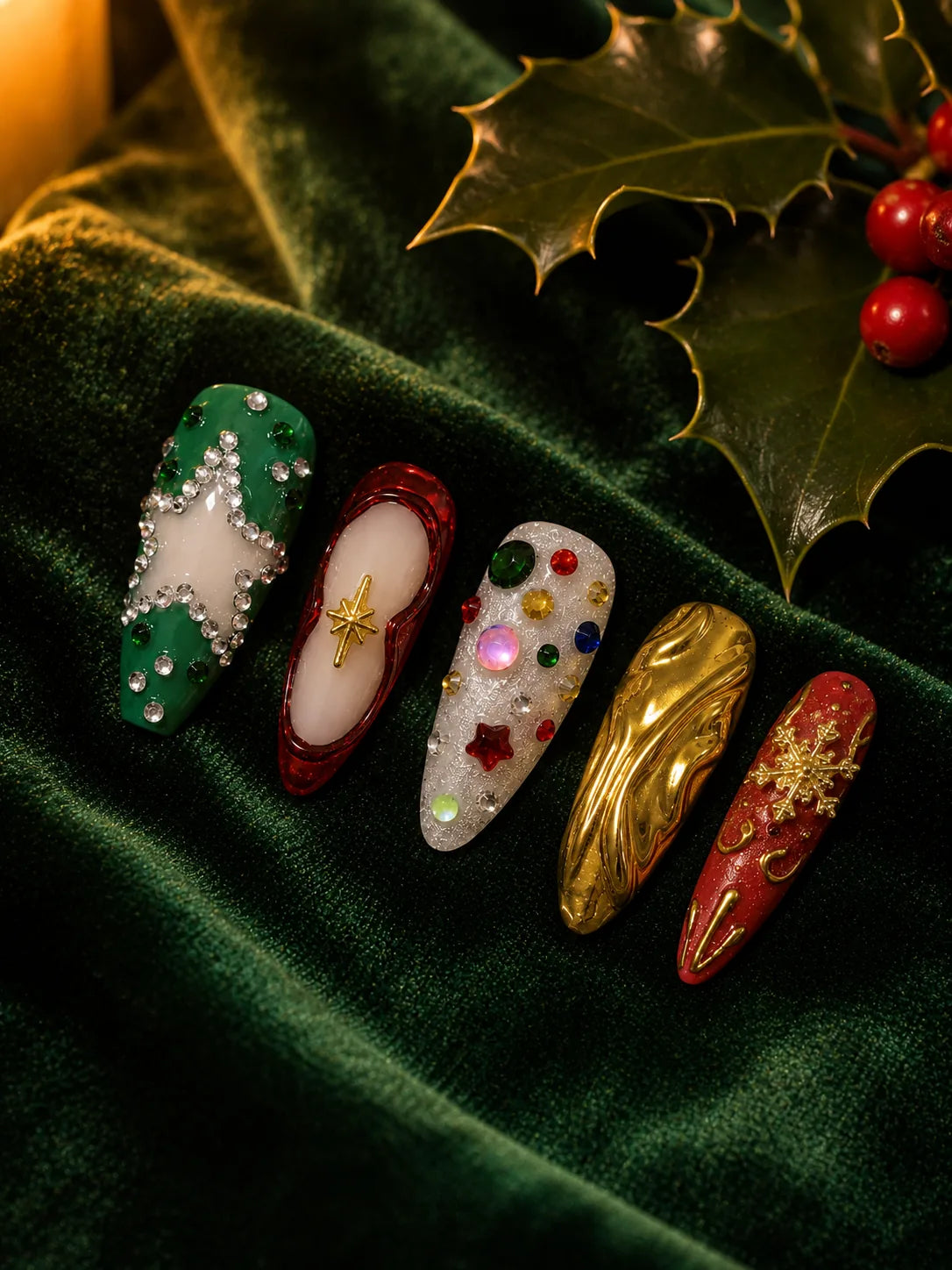 Emerald Bling Gold Rhinestone Press-On Nails - closeup2